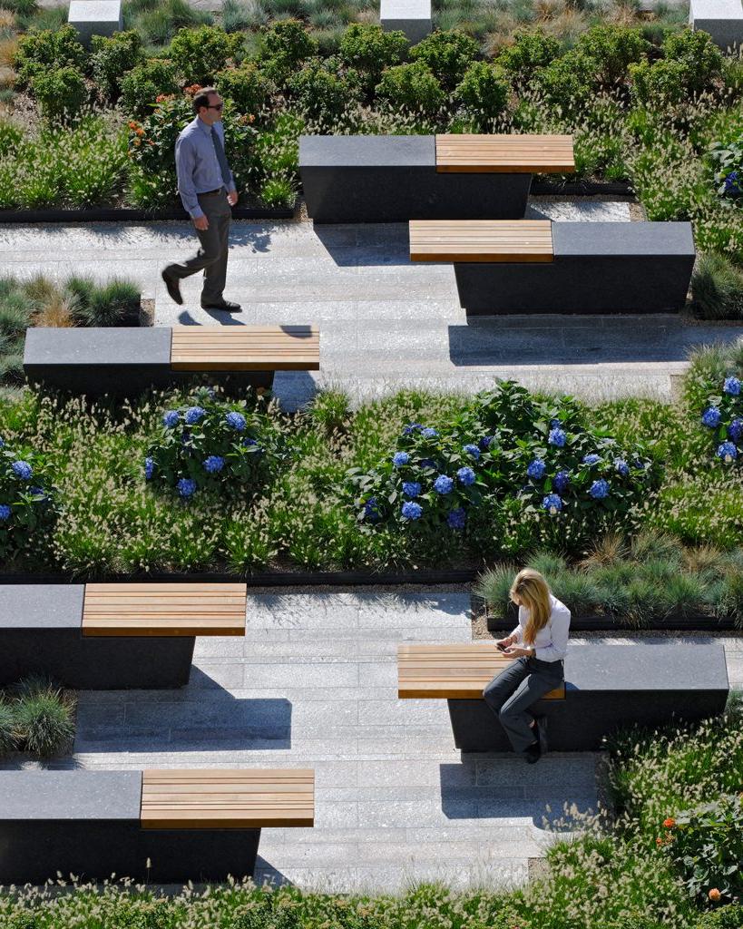 Exterior bench seating at West End Longfellow Apartment Complex in Boston